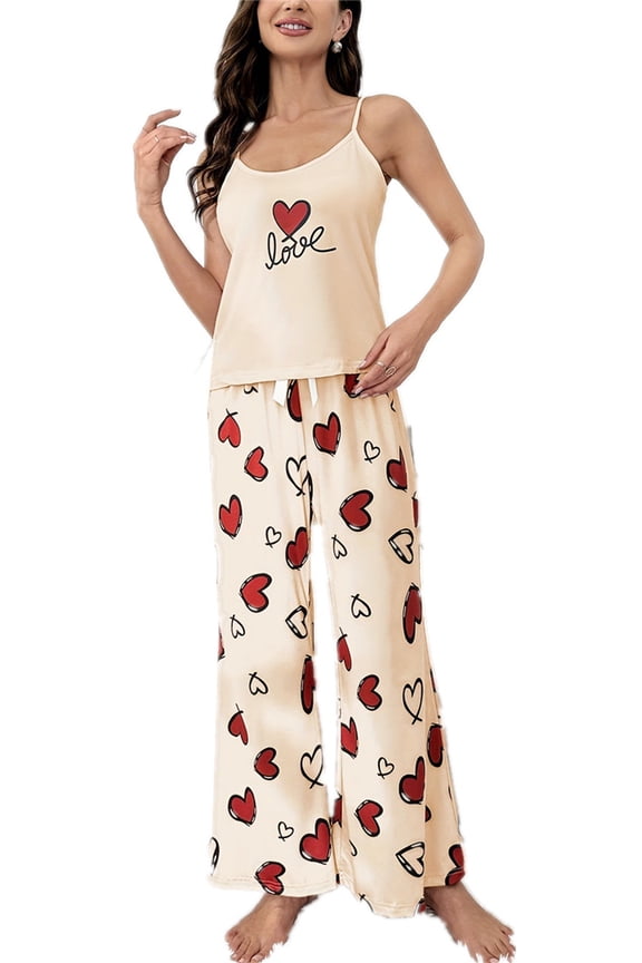 Summer Ladies Cotton Camisole Top And Pants Two-piece Home Wear Set L,Apricot-1