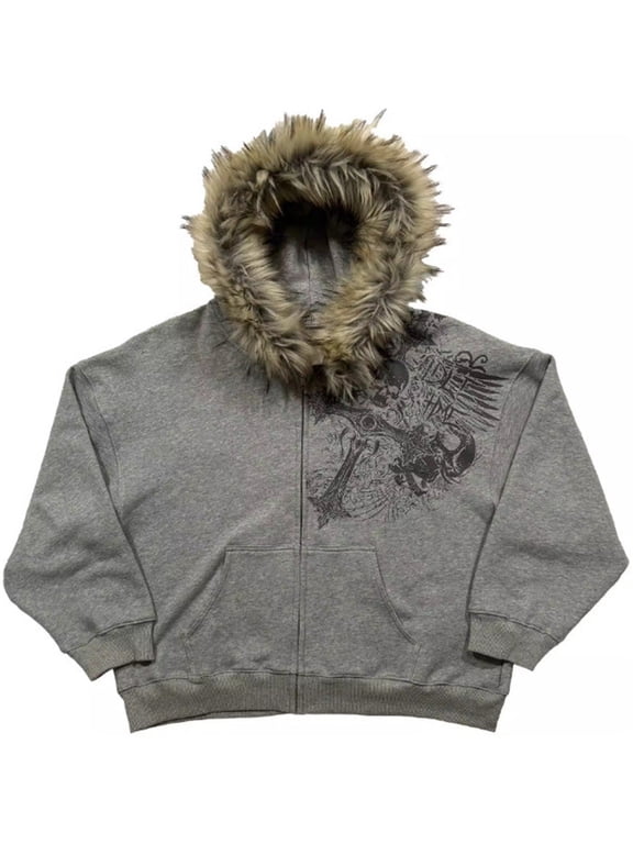 Trendy Faux Fur Hood Zip Up Hoodie Gothic Graphic Y2K Streetwear Oversized Jacket 3XL,Grey-1