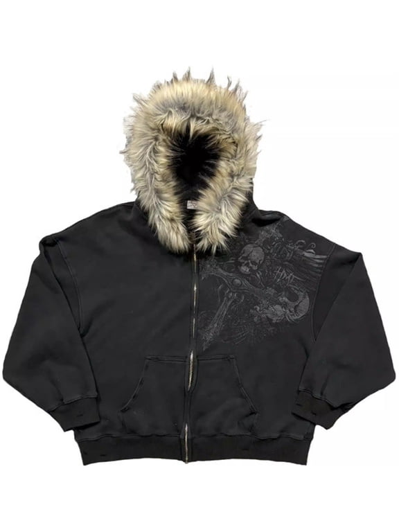 Trendy Faux Fur Hood Zip Up Hoodie Gothic Graphic Y2K Streetwear Oversized Jacket S,Black-1