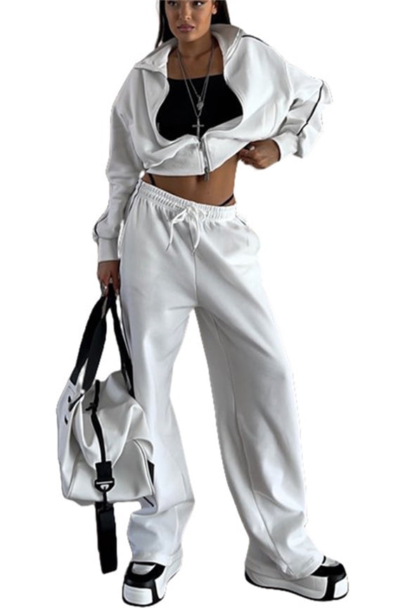 Two Piece Set Of Women's Casual Zipper Sports Jacket And Sports Pants M,White-1