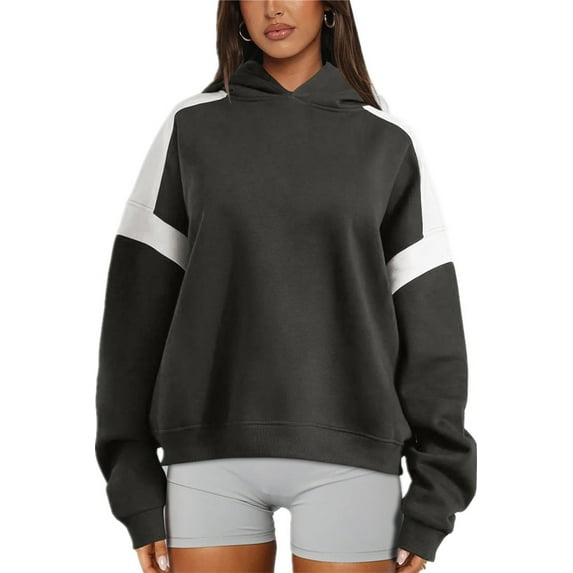 Silver Basic Unisex Trendy Color Blocked Baseball Jersey Long Sleeved Hooded Sweatshirt For Women Outside M,DeepGrey-1