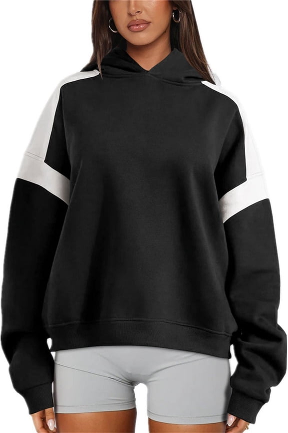 Unisex Trendy Color Blocked Baseball Jersey Long Sleeved Hooded Sweatshirt For Women Outside XL,Black-1