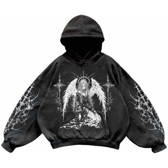 Silver Basic Unisex Y2K High Street Printed Retro Punk Style Loose Hoodie Sweatshirt 2XL,Black3-1