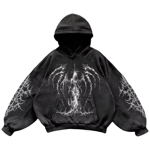 Silver Basic Unisex Y2K High Street Printed Retro Punk Style Loose Hoodie Sweatshirt 2XL,Black6-1