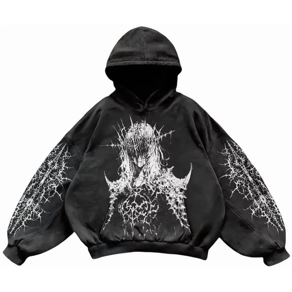 Silver Basic Unisex Y2K High Street Printed Retro Punk Style Loose Hoodie Sweatshirt M,Black2-1