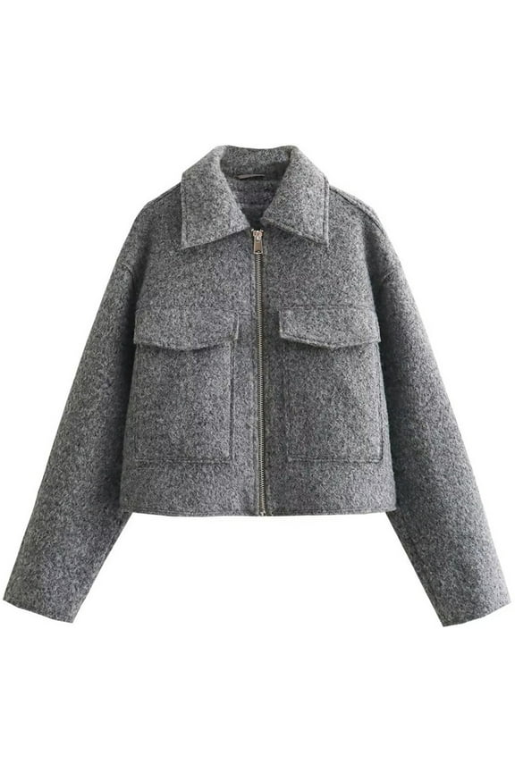Warm Casual Wool Blend Short Jacket Zipper Overcoat Ladies Winter Wear M,Grey-1