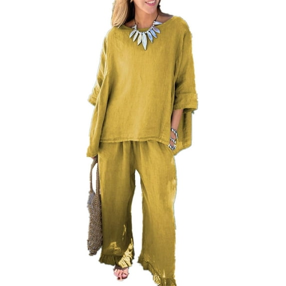 Silver Basic Women Cotton Linen Sets Trendy Clothes Tacksuits for Women Elegant Ladies Elegant Loungewear 2XL,Yellow-1