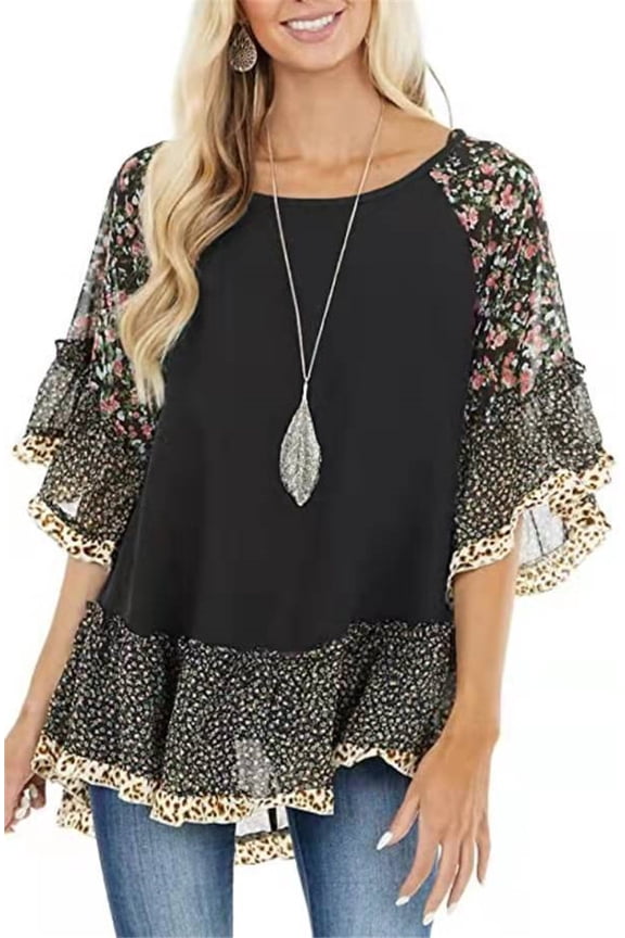 Women's Colorful Shirt Elegant Loose Bat Sleeve Color Block Flower Blouses with Leopard Pattern XL,Black-1