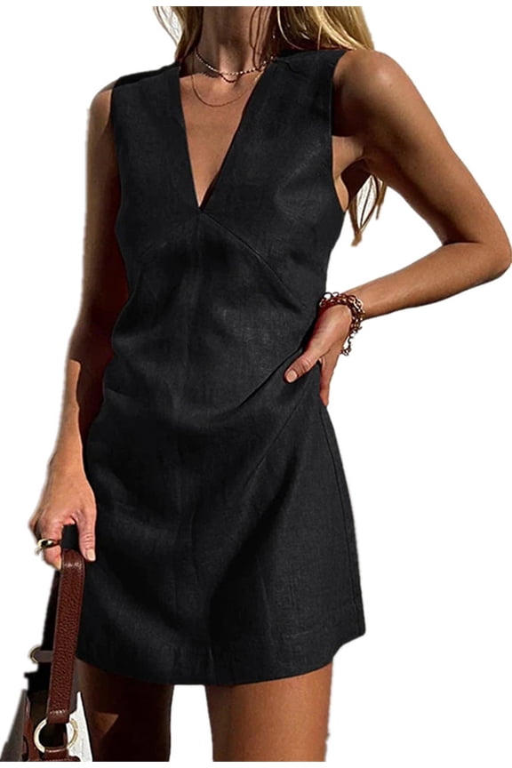 Women's Cotton And Linen Sleeveless V-neck Elegant Sexy Short Skirt Dress L,Black-1