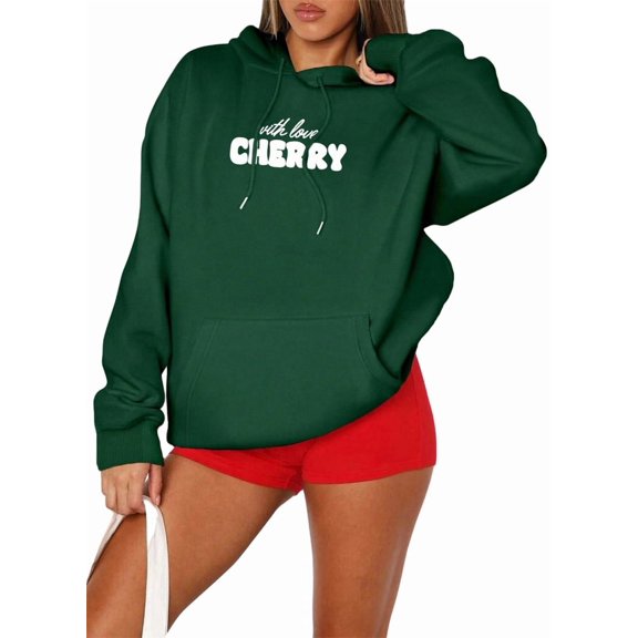Silver Basic Women's Hooded Sweatshirt With Letter Hooded Long Sleeved Sweatshirt And Looped Fabric Pockets M,Green-1