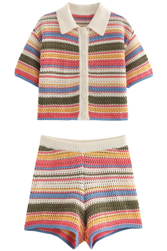 Women's Knitwear Retro Striped Polo Shirt Short Sleeve Knitwear Sweater+Shorts Two Piece Set M,Red3-1