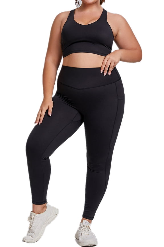 Women's Plus Size Trendy Tight Fitting Sportswear Two-Piece Yoga Set 3XL,Black-1