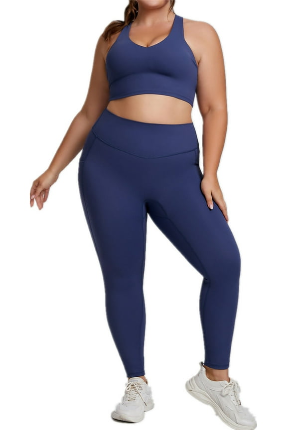 Women's Plus Size Trendy Tight Fitting Sportswear Two-Piece Yoga Set S,Blue-1