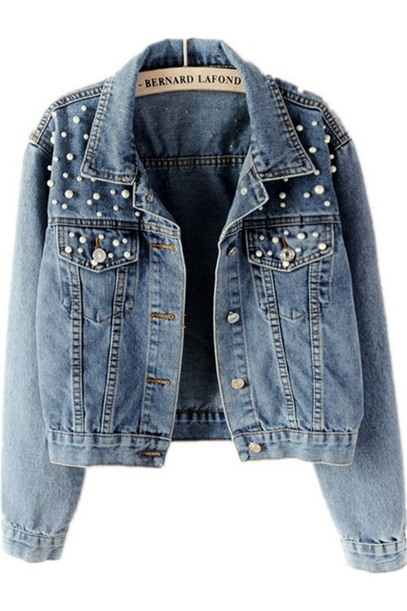 Women's Retro Denim Jacket Slim Fit Light Colored Cotton Denim Coat With Bead Embellished Jacket 4XL,Blue-1