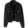 thumbnail image 1 of Silver Basic Women's Retro Denim Jacket Slim Fit Light Colored Cotton Denim Coat With Bead Embellished Jacket S,Black-1, 1 of 2