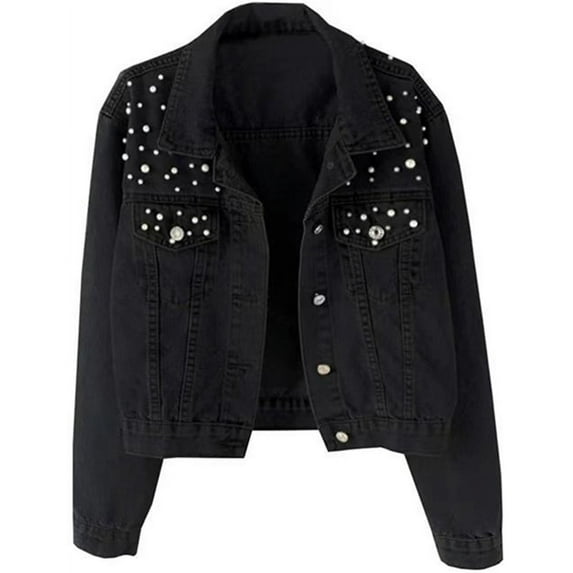 Silver Basic Women's Retro Denim Jacket Slim Fit Light Colored Cotton Denim Coat With Bead Embellished Jacket S,Black-1