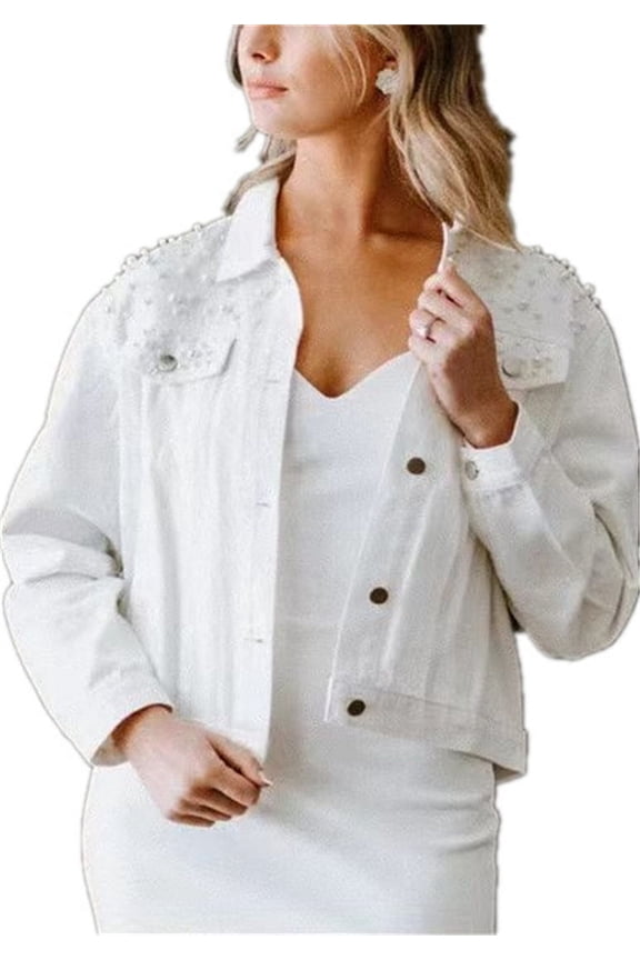 Women's Retro Denim Jacket Slim Fit Light Colored Cotton Denim Coat With Bead Embellished Jacket S,White-1