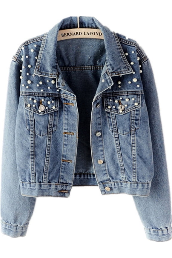 Women's Retro Denim Jacket Slim Fit Light Colored Cotton Denim Coat With Bead Embellished Jacket XL,Blue-1