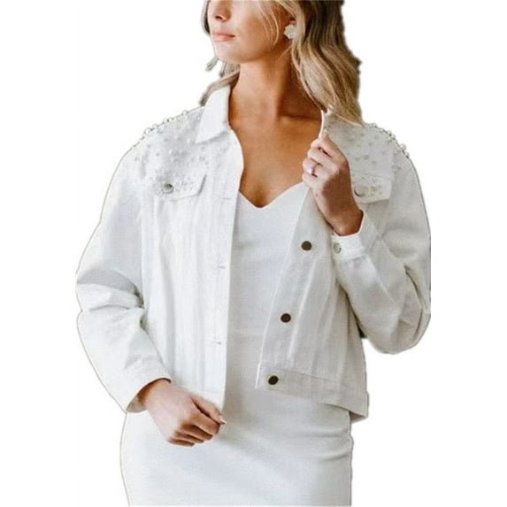 Silver Basic Women's Retro Denim Jacket Slim Fit Light Colored Cotton Denim Coat With Bead Embellished Jacket XS,White-1
