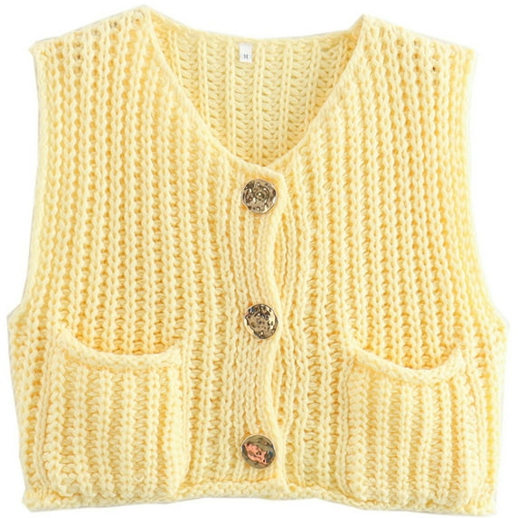 Silver Basic Women's Sleeveless Button Up Sweater Knit Vest With Pocket L,Yellow-1