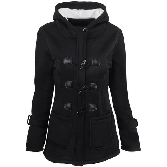 Silver Basic Women's Winter Hooded Bull Horn Buttoned Coat Cotton Blend Jacket L,Black-1
