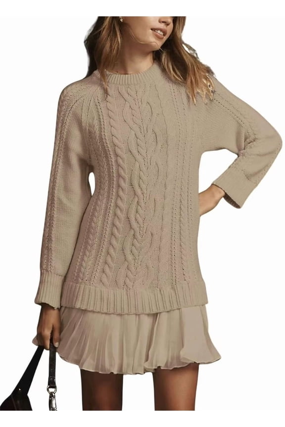 Women's winter Fried Dough Twists sweater casual elegant long round neck warm sweater 3XL,Khaki-1