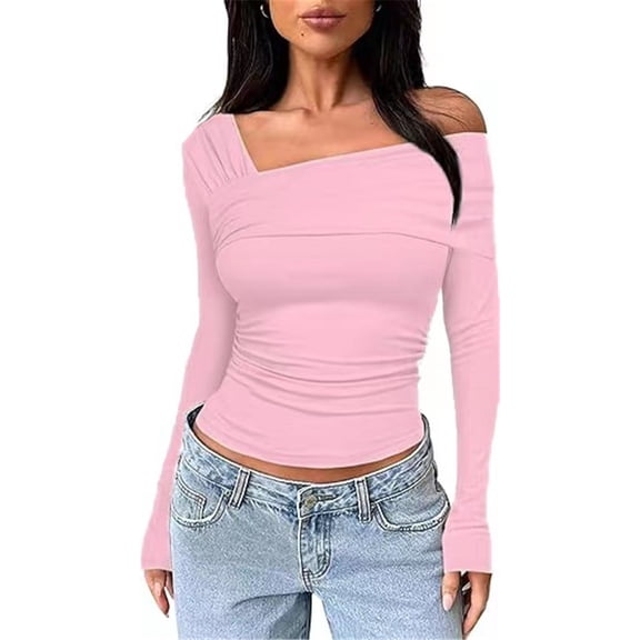 Silver Basic Womens Elegant Single Shoulder Blouse Long Sleeve Slim Fit T-shirt Solid Color Fashion Basic Streetwear Tee Tops S,Pink-1
