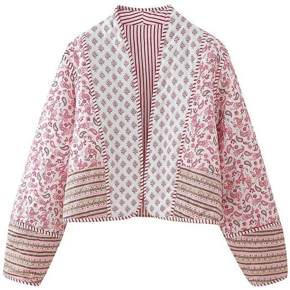 Silver Basic Womens Fall/Winter Striped Double-Sided Cotton Jacket Color Block Cotton Coat XS,PinkStripe-1