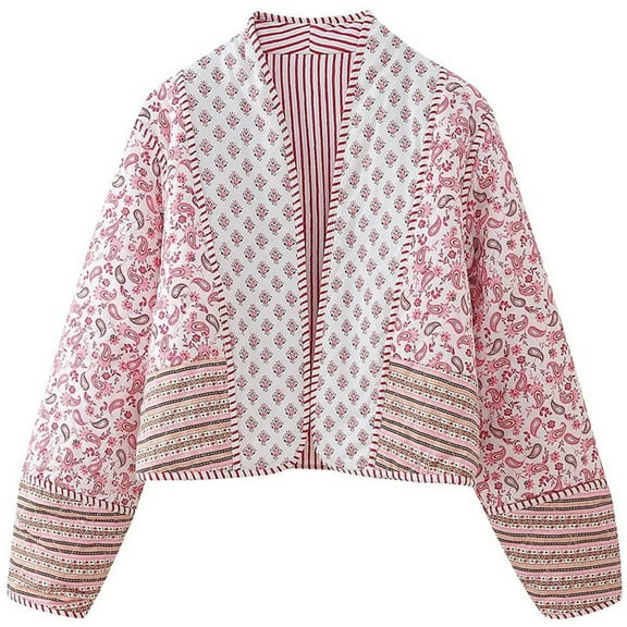 Silver Basic Womens Fall/Winter Striped Double-Sided Cotton Jacket Color Block Cotton Coat XS,PinkStripe-1