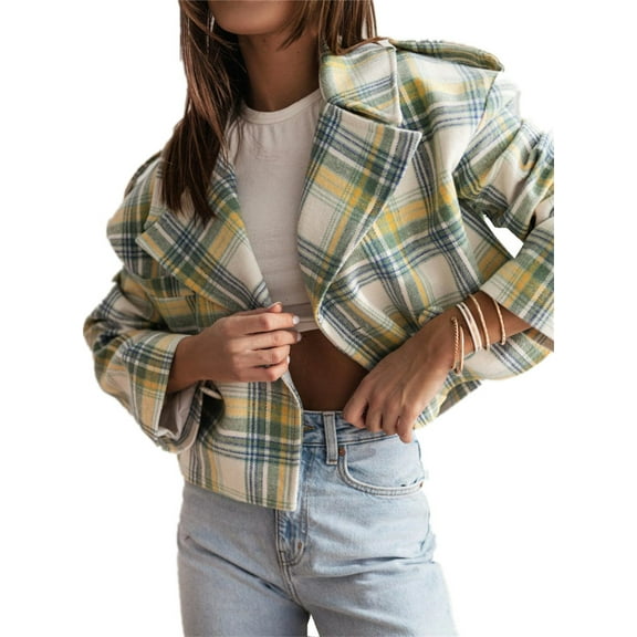 Silver Basic Womens Fashion Woolen Lapel Suit Lady Casual Outwear Fall Winter Tartan Overcoat S,YellowBlue-1