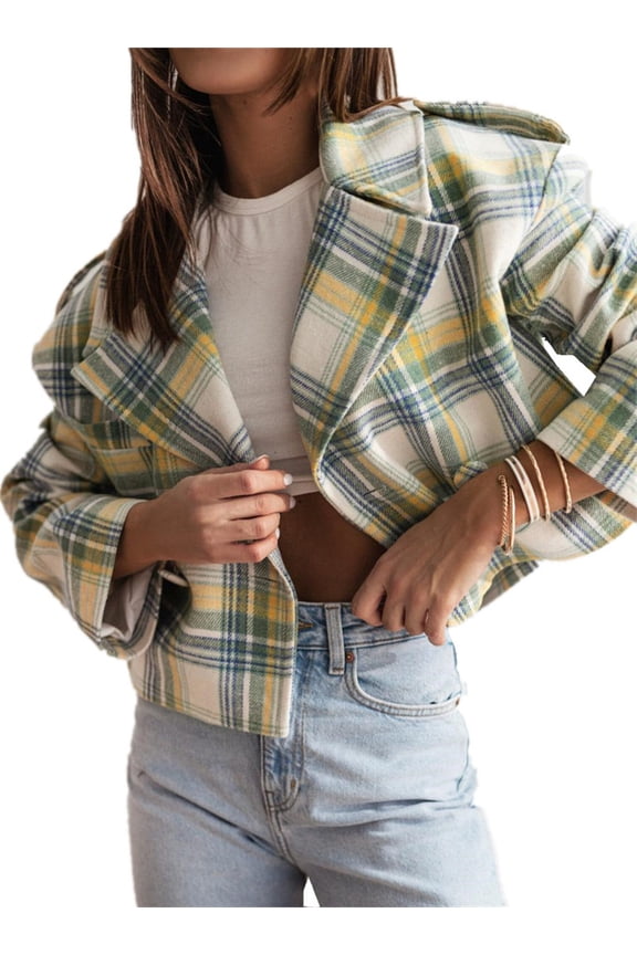 Womens Fashion Woolen Lapel Suit Lady Casual Outwear Fall Winter Tartan Overcoat S,YellowBlue-1