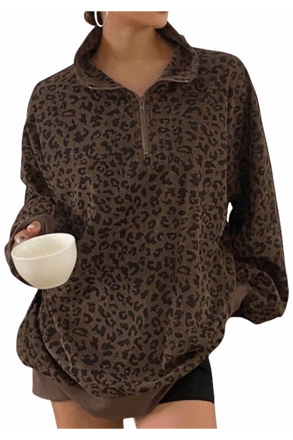Womens Leopard Print Casual Pullover Sweatshirt With Stand-Up Collar L,Brown-1
