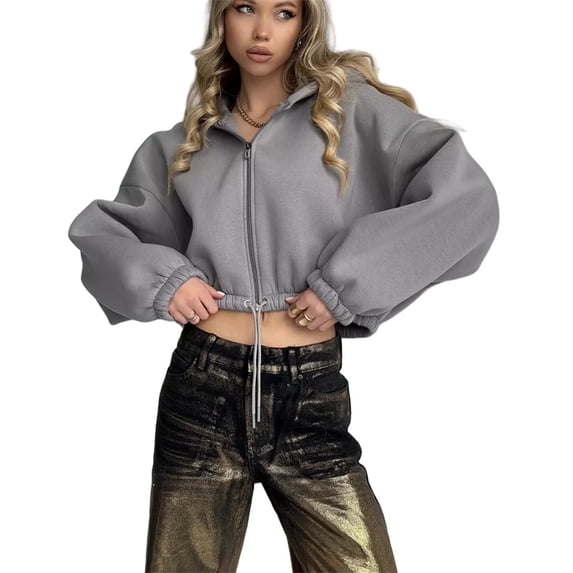 Silver Basic Womens Solid Color High Waisted Zipper Hooded Personlised Short Jacket L,Grey-1