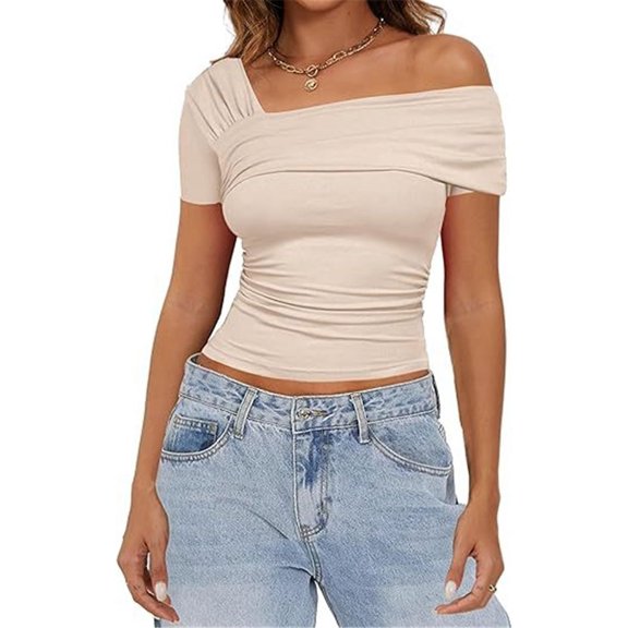 Silver Basic Womens Summer Sexy Off Shoulder Cotton Short sleeved T-shirt L,Apricot-1