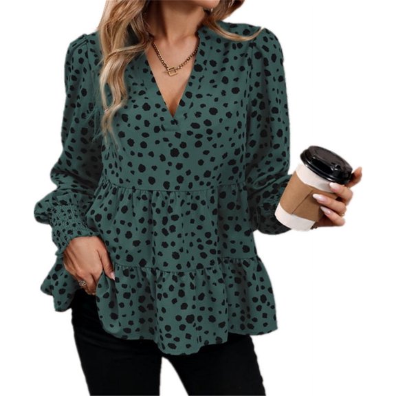 Silver Basic Womens V-neck Leopard Print Casual Bubble Shirt Elegant Long Sleeved Blouse S,Green-1