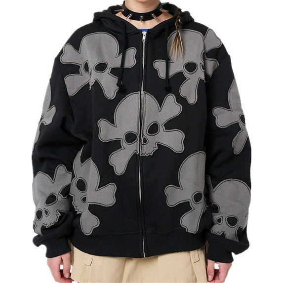 Silver Basic Y2K Men's and Women's Hoodies Retro Skull Print Zipper Sweatshirt Hoodie Gothic Hoodie Hip Hop Punk Style S,Black-1