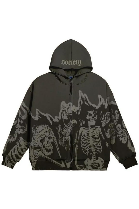 Y2K Skeleton Zipper Men's/Women's Jacket Retro Punk Gothic Sports Shirt Skull Print Hoodie 2XL,DeepGrey-1