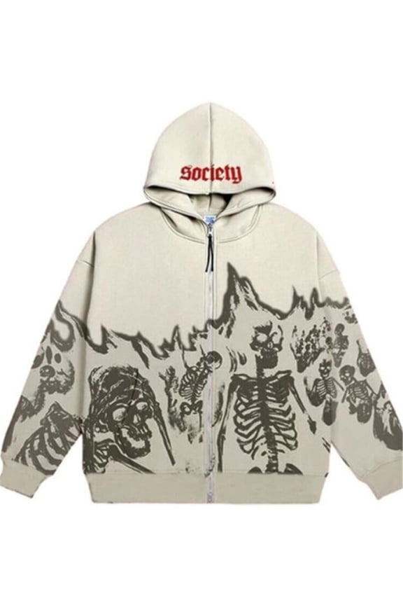 Y2K Skeleton Zipper Men's/Women's Jacket Retro Punk Gothic Sports Shirt Skull Print Hoodie M,Apricot-1
