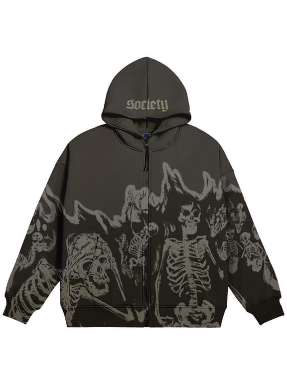 Y2K Skeleton Zipper Men's/Women's Jacket Retro Punk Gothic Sports Shirt Skull Print Hoodie XL,DeepGrey-1