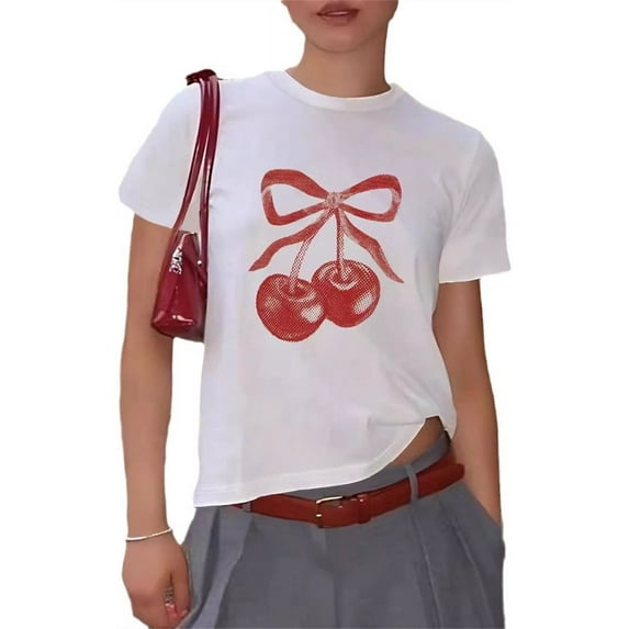 Silver Basic Y2K Womens Short Sleeved Cherry Fruit Pattern Top Summer Printed Sexy White T-shirt L,White-1