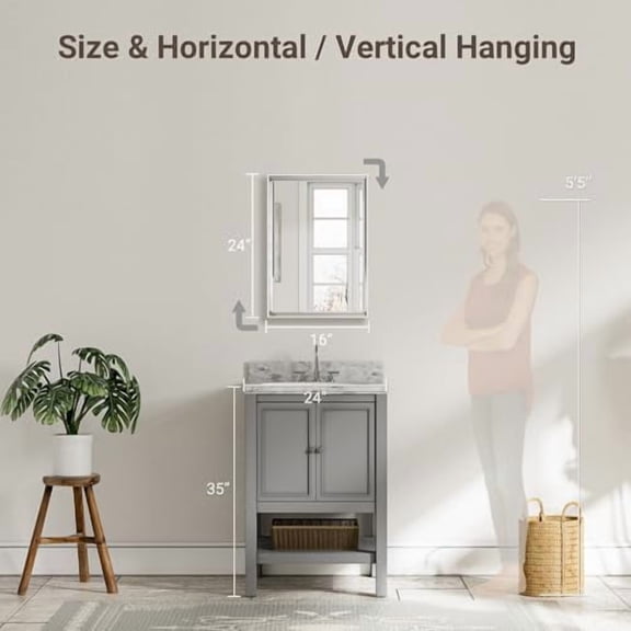 Silver Bathroom Mirror, 16''x 24'' Beveled Framed Wall Mirror, Rustproof Rectangle Metal Frame Mirror for Bathroom Vanity, Easy Vertical/Horizontal Installation