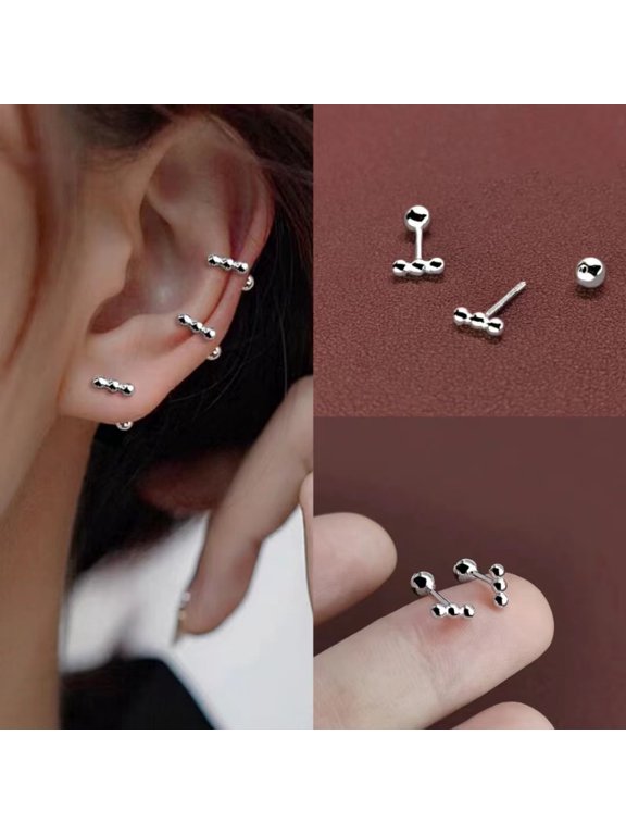 Silver Beaded Bar Stud Earrings, Women Three Ball Stud Earrings, Minimalist Everyday Jewelry
