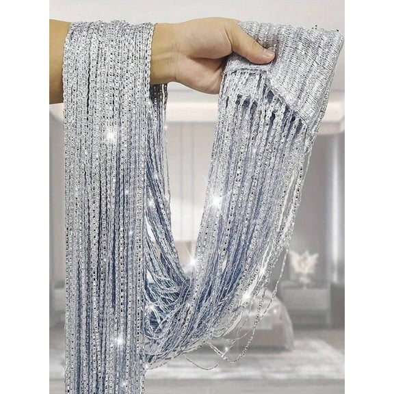 Silver Beaded Fringe Curtain Panel For Windows Or Doors
