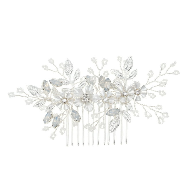 Silver Beaded Hair Comb Alloy Leaves Headdress Rhinestone Hair