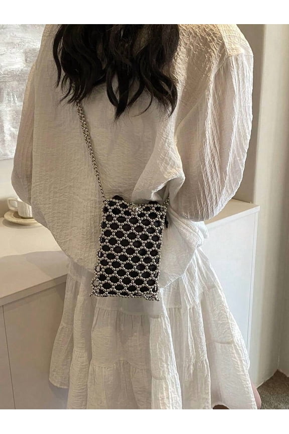 Silver Beaded Mesh Crossbody Phone Pouch Bag Mini Shoulder Bag