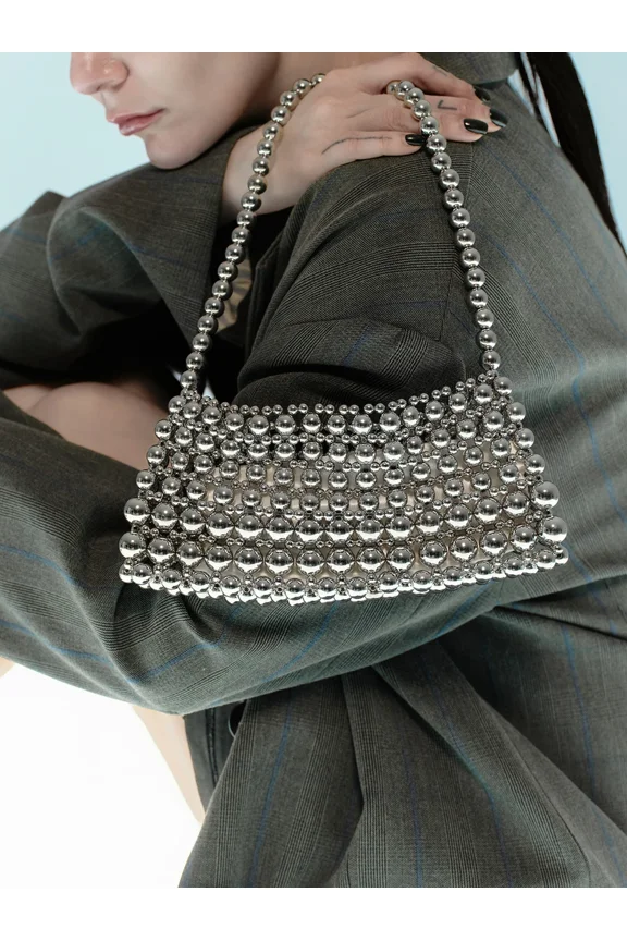 Silver Beaded Mesh Shoulder Bag, Oversized Underarm Tote with Metal Ball