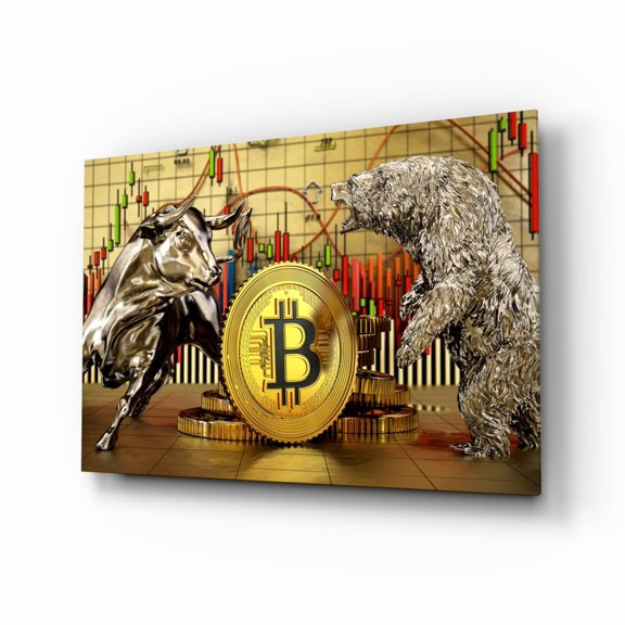 Silver Bear Bronze Bull Candlestick Chart Glass Wall Art