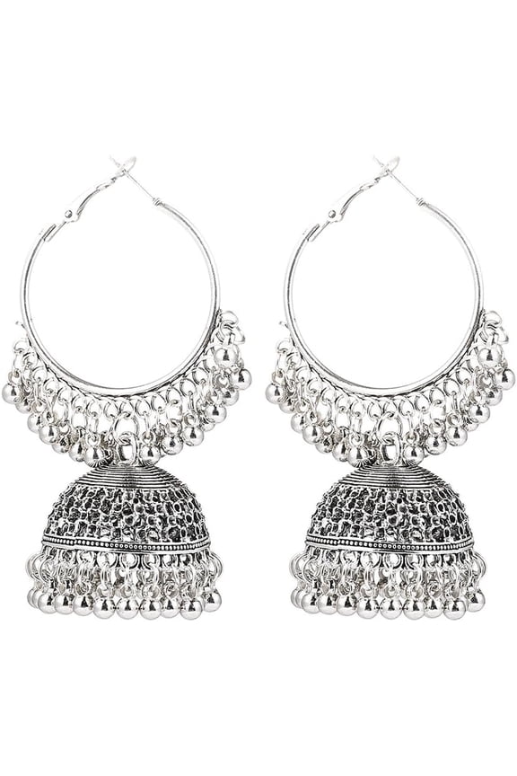 Silver Bell Dangle Drop Earrings For Women Big Vintage Boho Jhumki Jingling Beaded Tassel Hoop Earring Bohemian Indian Chandelier Lightweight Ethnic Jewelry Gifts