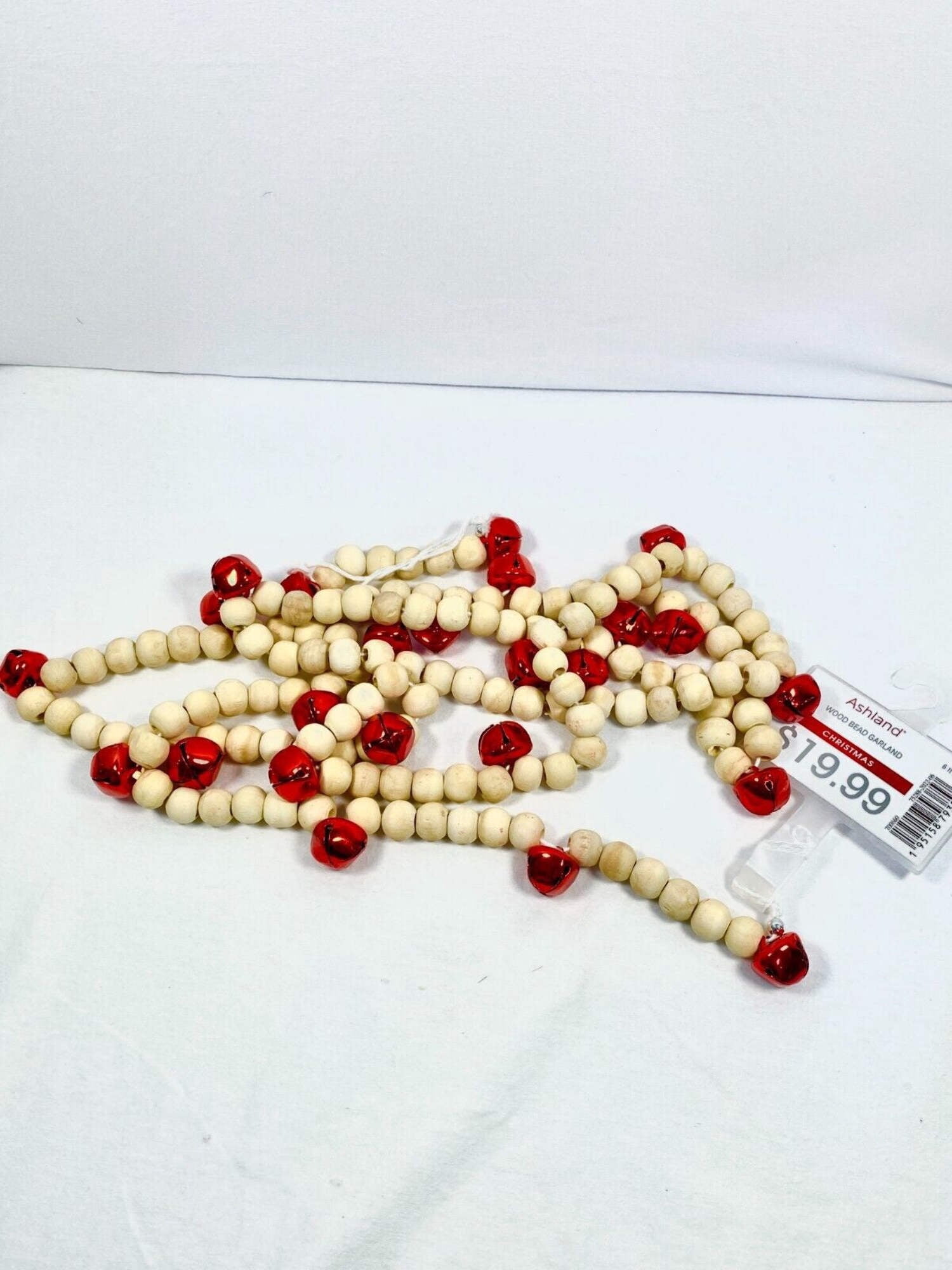 Silver Bell White Wooden Bead Christmas Tree Garland 6' ea