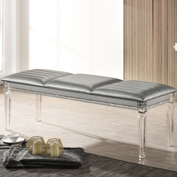 Silver Bench in Contemporary Design | Beautifies Bedroom with Mirror and Crystal | Acrylic and Solid Rubberwood Material | Resolves the Lack of Charming Bedroom Furniture